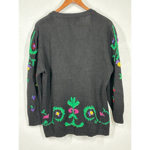 VTG Hand Knit Cardigan Sweater M Black Color Embroidered Floral Dark Coquette - Picture 6 of 12